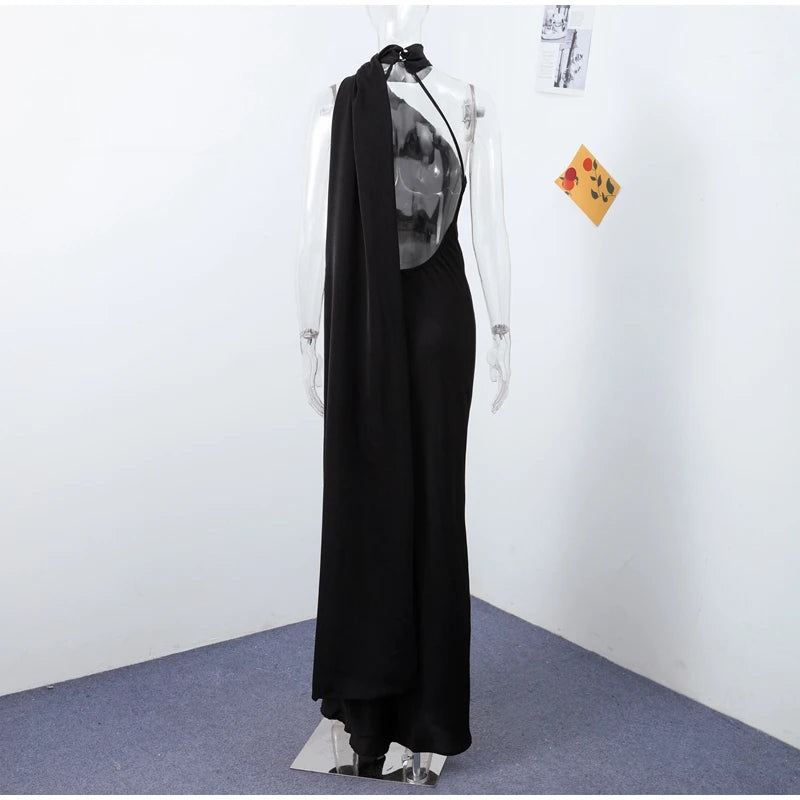 Elegante nastro solido Abito da donna con scollo all'americana con spalle scoperte Senza maniche Backless Slim Abiti lunghi femminili 2025 Estate New Chic Lady Robe
