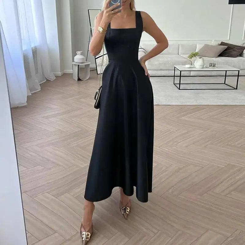 ZANZEA Abiti da canotta con cinturino sexy Moda donna Colletto quadrato Maxi vestito estivo Abito a vita in raso vintage Abito da festa estivo