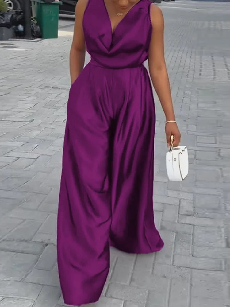 Gymystars Tute femminili con scollo a V Tute viola Estate allentate senza maniche con scollo a V profondo Elegante tuta intera a gamba larga da donna
