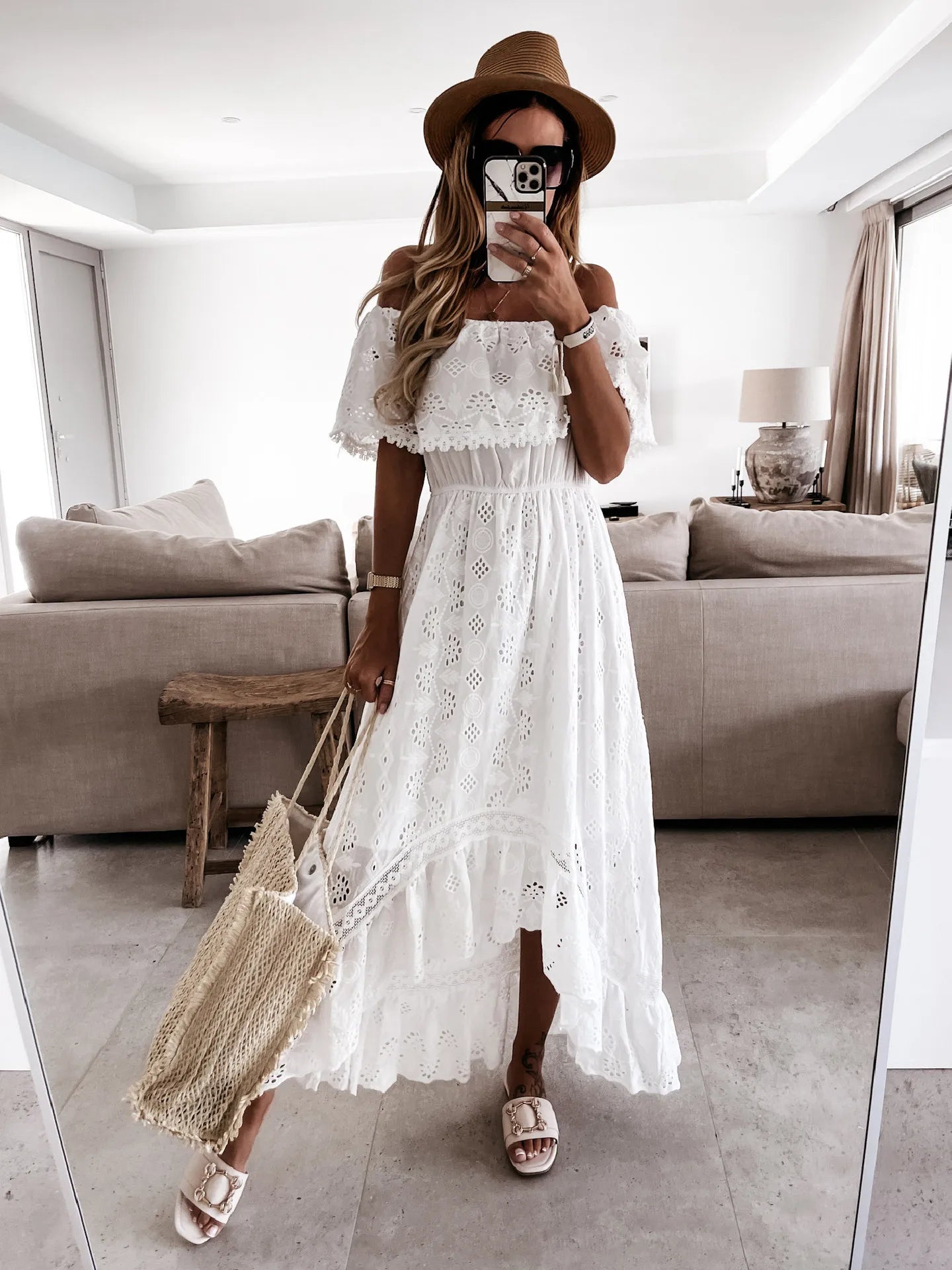 Abito lungo Casual da donna stile bohemien Sexy senza spalline con spalle scoperte nappa in pizzo vita alta orlo grande scava fuori abiti estate