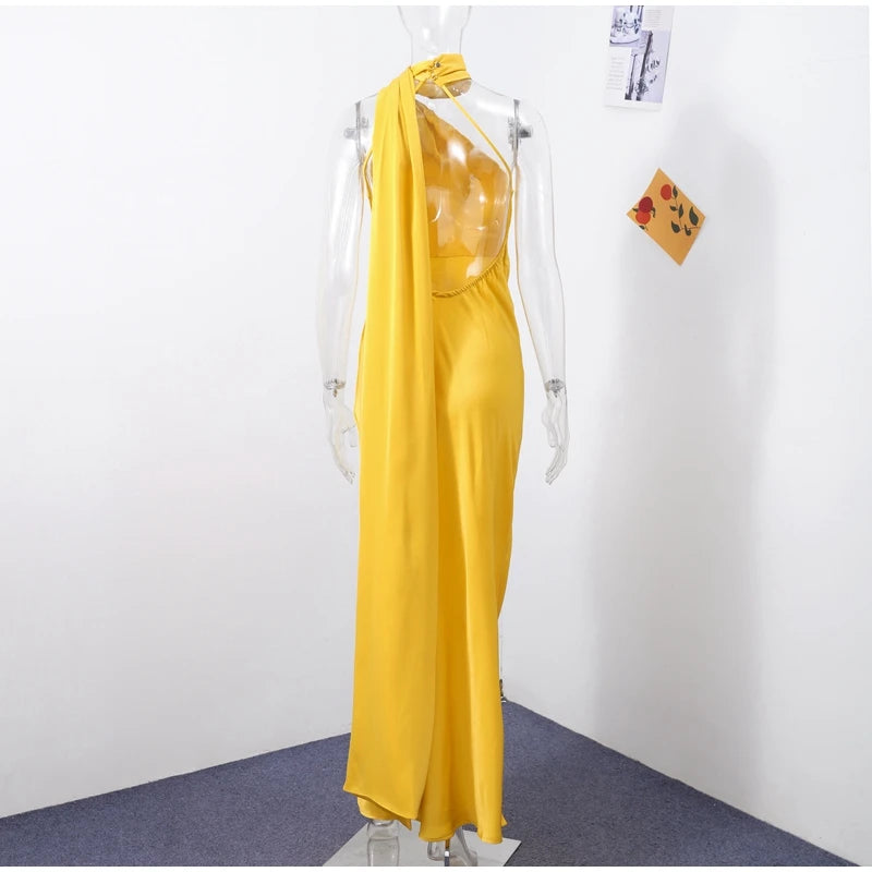 Elegante nastro solido Abito da donna con scollo all'americana con spalle scoperte Senza maniche Backless Slim Abiti lunghi femminili 2025 Estate New Chic Lady Robe