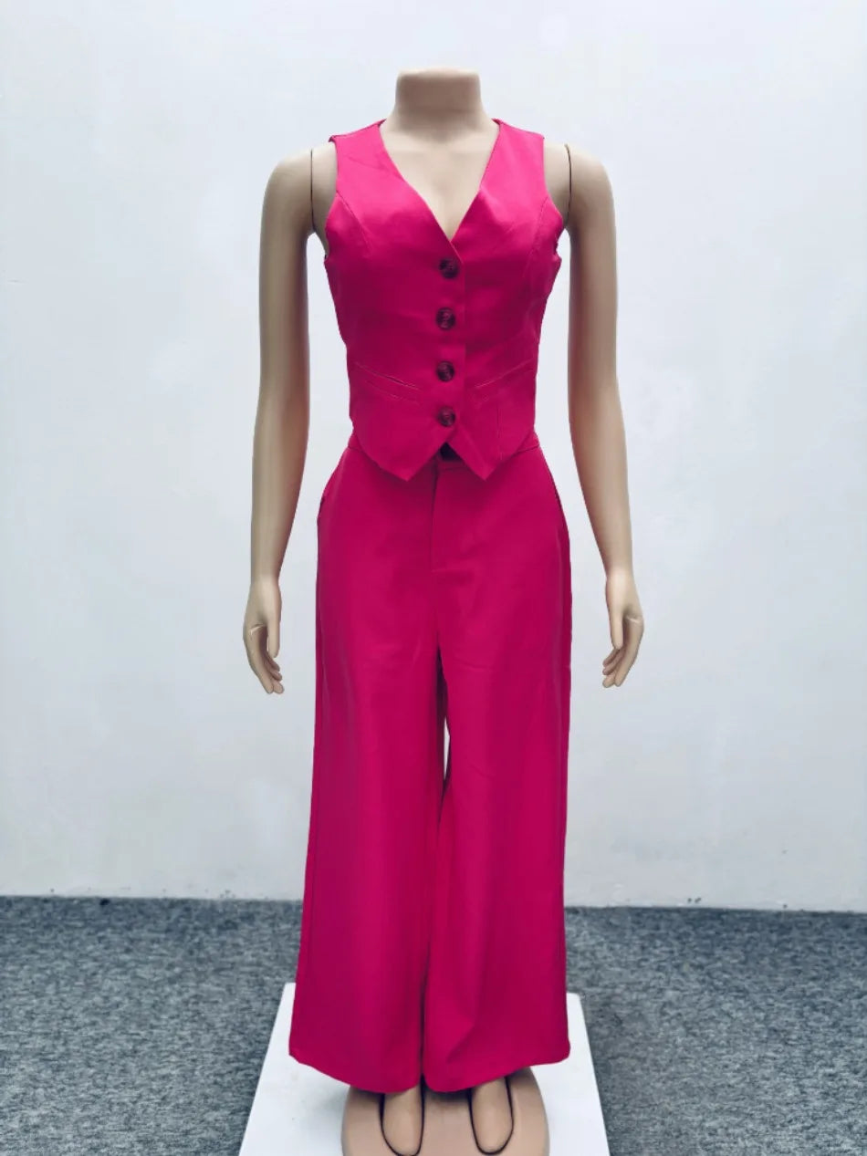 Set da due pezzi alla moda Completi da donna da ufficio Set da donna Tinta unita senza maniche con bottoni Gilet Camicia e pantaloni a gamba larga Set