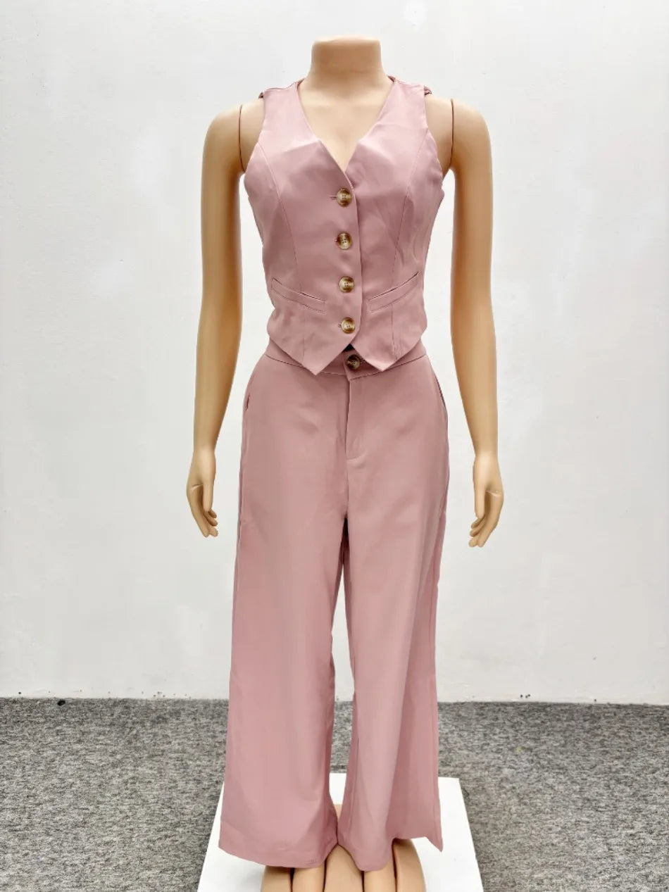 Set da due pezzi alla moda Completi da donna da ufficio Set da donna Tinta unita senza maniche con bottoni Gilet Camicia e pantaloni a gamba larga Set