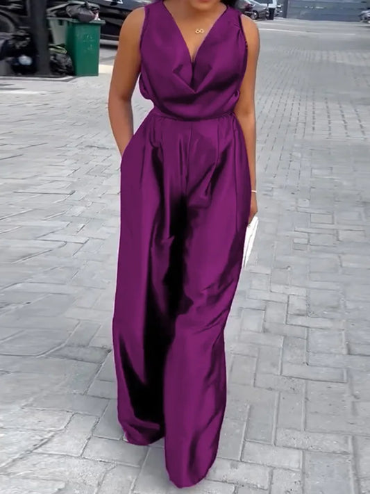 Gymystars Tute femminili con scollo a V Tute viola Estate allentate senza maniche con scollo a V profondo Elegante tuta intera a gamba larga da donna