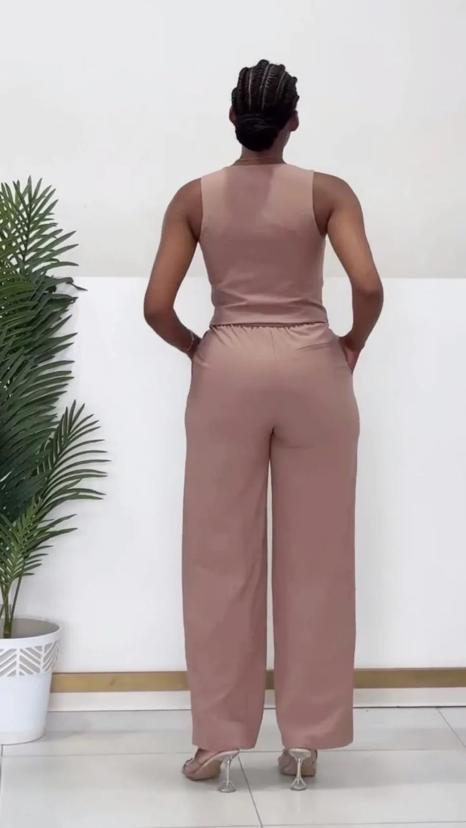Set da due pezzi alla moda Completi da donna da ufficio Set da donna Tinta unita senza maniche con bottoni Gilet Camicia e pantaloni a gamba larga Set
