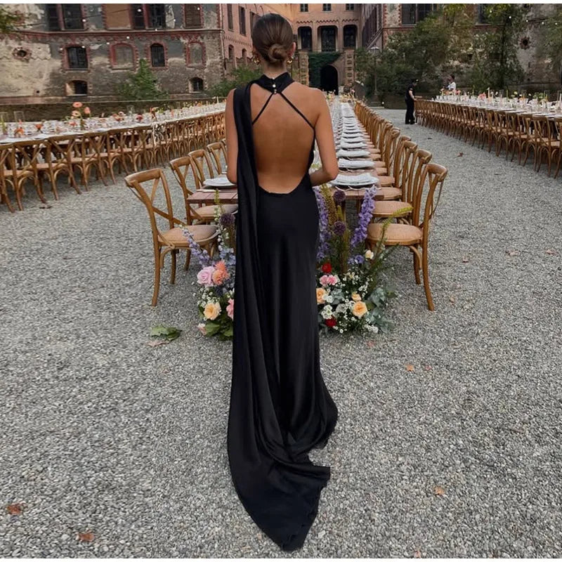 Elegante nastro solido Abito da donna con scollo all'americana con spalle scoperte Senza maniche Backless Slim Abiti lunghi femminili 2025 Estate New Chic Lady Robe