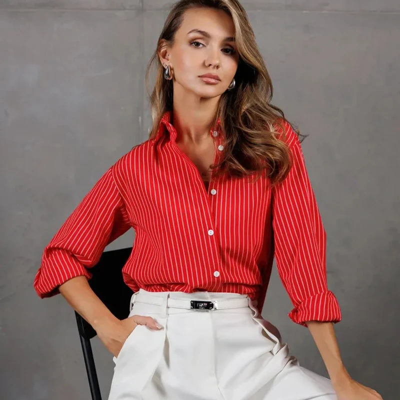 Camicia a righe blu moda da donna 2025 OL manica lunga colletto rovesciato camicetta donna abbottonatura camicie da ufficio larghe da donna