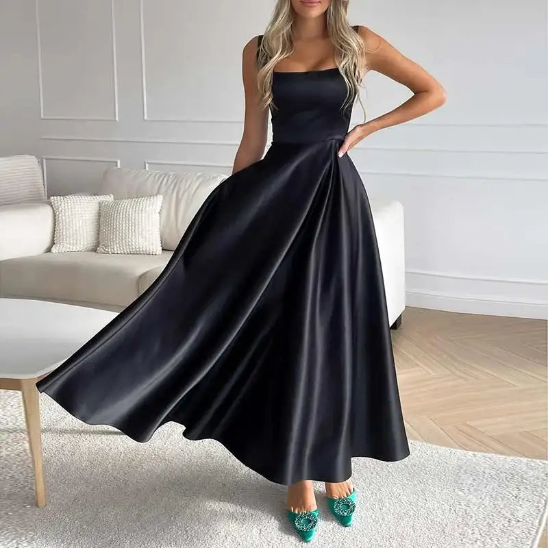 ZANZEA Abiti da canotta con cinturino sexy Moda donna Colletto quadrato Maxi vestito estivo Abito a vita in raso vintage Abito da festa estivo