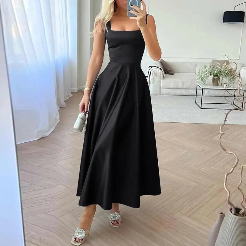 ZANZEA Abiti da canotta con cinturino sexy Moda donna Colletto quadrato Maxi vestito estivo Abito a vita in raso vintage Abito da festa estivo
