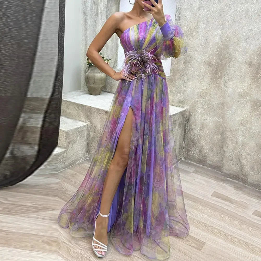 Elegante abito da festa formale Elegante abito da ballo monospalla tie-dye con maniche a palloncino in rete Abito da sera da donna con orlo diviso