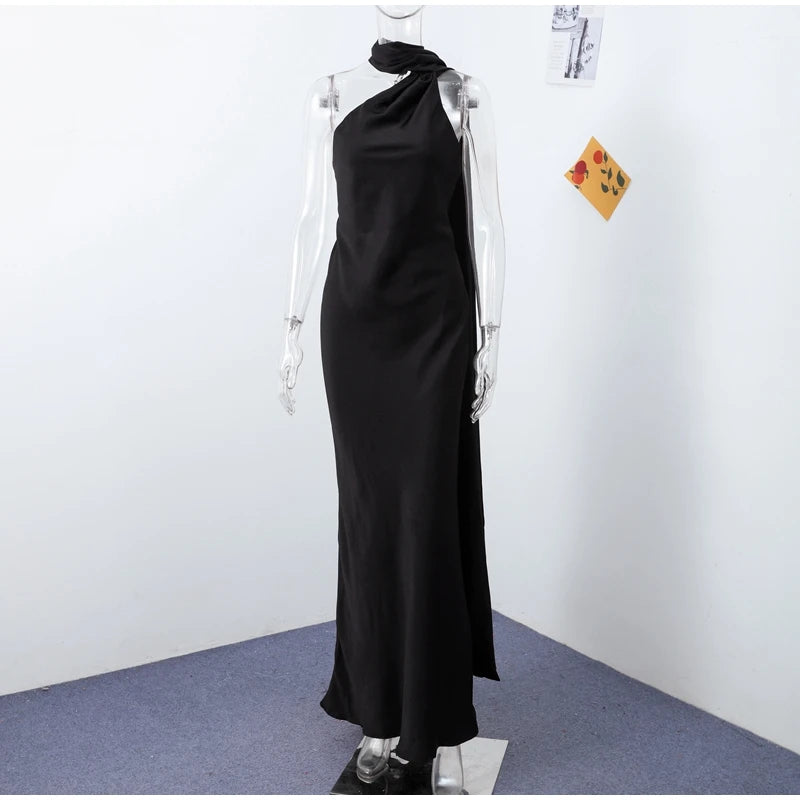 Elegante nastro solido Abito da donna con scollo all'americana con spalle scoperte Senza maniche Backless Slim Abiti lunghi femminili 2025 Estate New Chic Lady Robe