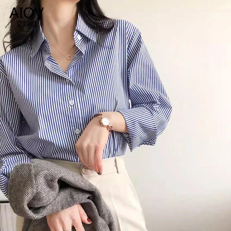 Camicette classiche da donna a righe primavera autunno camicia da donna manica lunga a lanterna colletto alla coreana Blusas larghi