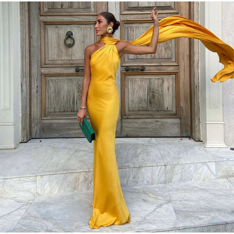 Elegante nastro solido Abito da donna con scollo all'americana con spalle scoperte Senza maniche Backless Slim Abiti lunghi femminili 2025 Estate New Chic Lady Robe