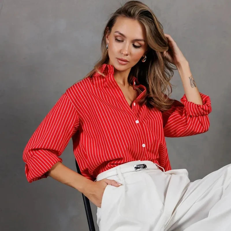 Camicia a righe blu moda da donna 2025 OL manica lunga colletto rovesciato camicetta donna abbottonatura camicie da ufficio larghe da donna