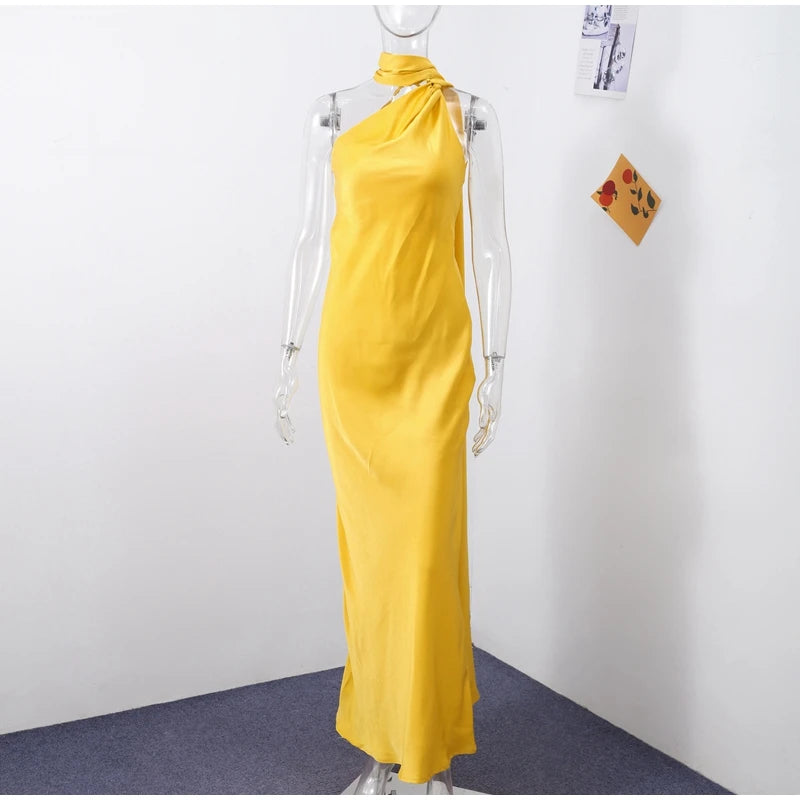 Elegante nastro solido Abito da donna con scollo all'americana con spalle scoperte Senza maniche Backless Slim Abiti lunghi femminili 2025 Estate New Chic Lady Robe