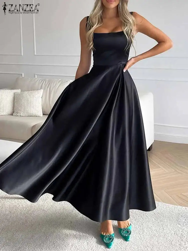 ZANZEA Abiti da canotta con cinturino sexy Moda donna Colletto quadrato Maxi vestito estivo Abito a vita in raso vintage Abito da festa estivo